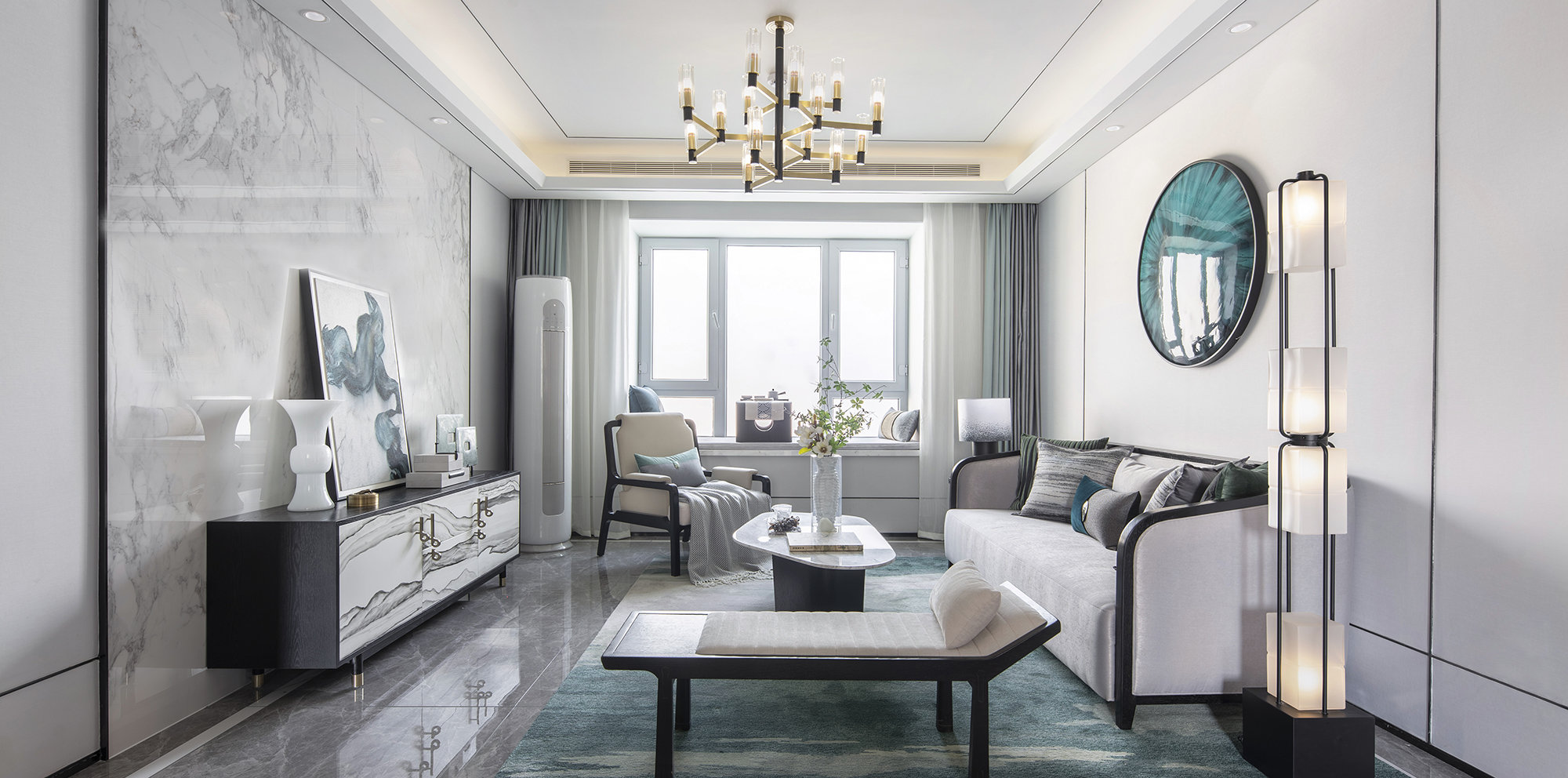 蘇州115㎡新中式兩居，黑白灰點綴孔雀綠，從客廳美到臥室！